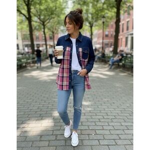 NWOT Denim Plaid Vintage Americana Western Chore CottageCore Shacket Shirt XS